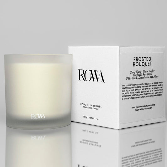 ROWA Cotton Pillow candle in frosted glass, styled with soft linens and natural light to evoke a fresh, airy, and comforting atmosphere.